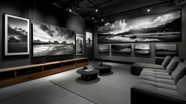 A TV lounge with a large-format screen and a gallery wall of monochrome photography