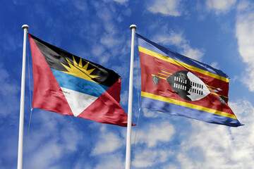  3d illustration. Antigua and Barbuda and Eswatini Flag waving in sky. High detailed waving flag....