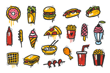 Grunge street junk fast food element set in y2k urban graffiti style with streaks. Burger, french fries, pizza, ice cream, popcorn, donut, noodles, hot dog, chicken leg, Black air sprayed graphic set