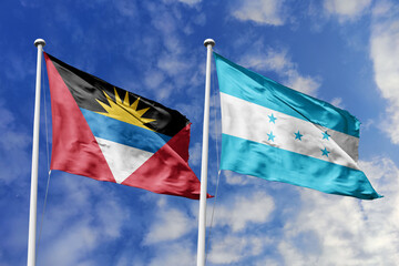  3d illustration. Antigua and Barbuda and Honduras Flag waving in sky. High detailed waving flag....