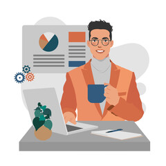 business-man-with-coffee-showing-charts-and-graphs-illustration