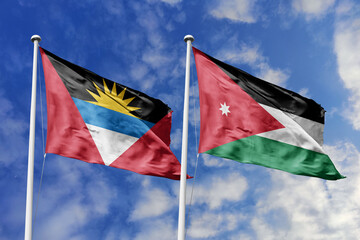  3d illustration. Antigua and Barbuda and Jordan Flag waving in sky. High detailed waving flag. 3D...