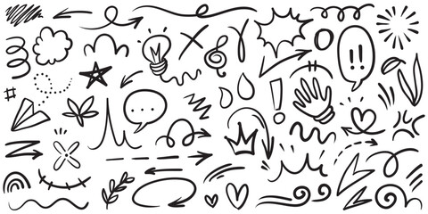 Hand drawn set elements, Abstract arrows, ribbons, hearts, stars, crowns and other elements in a hand drawn style for concept designs. Scribble illustration. Vector illustration.