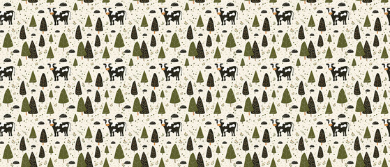 들판에서 놀고 있는 젖소들 도안 심리스 패턴