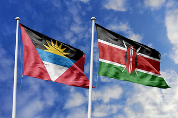  3d illustration. Antigua and Barbuda and Kenya  Flag waving in sky. High detailed waving flag. 3D...