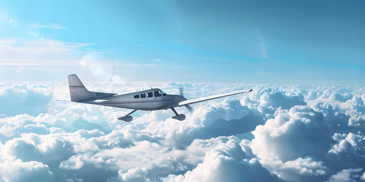 A small propeller plane flies in the blue sky above white Luxury generic design private jet flying over the earth. Empty blue sky with white clouds at background Business Travel Concept.