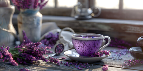 Lavender flowers and a cup of tea on a wooden table
