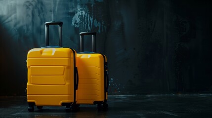 Two yellow suitcases stand on a wet floor with a mysterious, dark graffiti background.