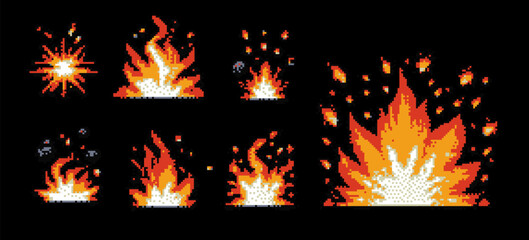 Pixel art 8 bit fire flames and explosion flashes , isolated on black background. Set with cartoon burst animation for retro video game design.