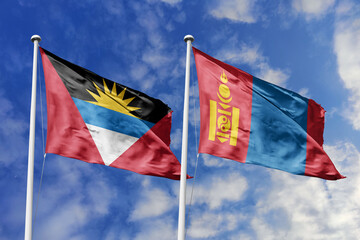 3d illustration. Antigua and Barbuda and Mongolia Flag waving in sky. High detailed waving flag. 3D...