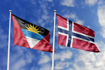 3d illustration. Antigua and Barbuda and Norway Flag waving in sky. High detailed waving flag. 3D render. Waving in sky. Flags fluttered in the cloudy sky.
