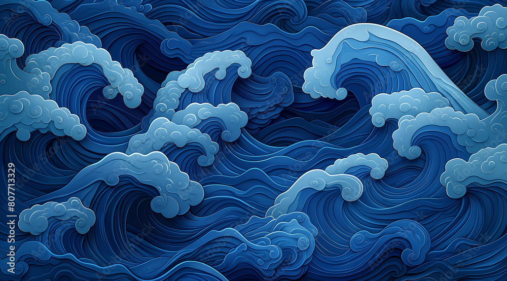 Poster Blue waves, in the papercut style