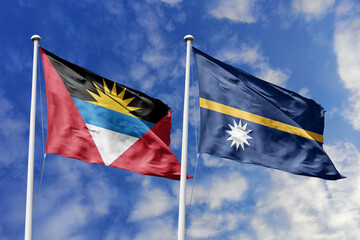 3d illustration. Antigua and Barbuda and Nauru Flag waving in sky. High detailed waving flag. 3D render. Waving in sky. Flags fluttered in the cloudy sky.