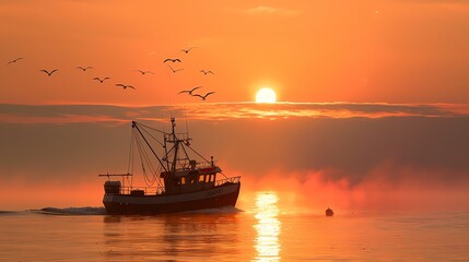 Fototapeta premium the adventurous spirit of a fishing boat heading out to sea at dawn