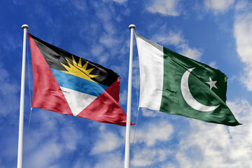 3d illustration. Antigua and Barbuda and Pakistan Flag waving in sky. High detailed waving flag. 3D...