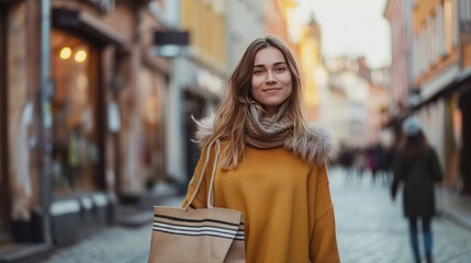 Obraz premium Beautiful young woman exploring Nordic city streets with a sustainable shopping bag, blending into the Scandinavian urban rhythm. Copy Space.
