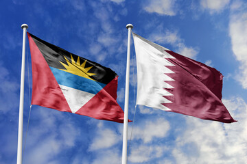 3d illustration. Antigua and Barbuda and QatarFlag waving in sky. High detailed waving flag. 3D render. Waving in sky. Flags fluttered in the cloudy sky.