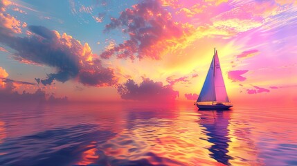 Paint a sailboat gliding gracefully across the tranquil sea under a colorful sunset sky
