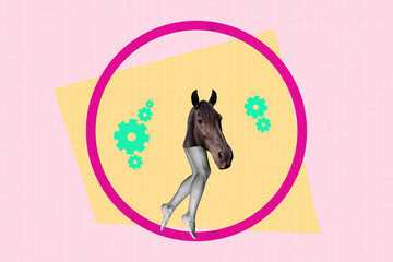3D photo collage composite artwork sketch image of silhouette bodyless sexy lady hoarse head instead run in circle contain cogwheel