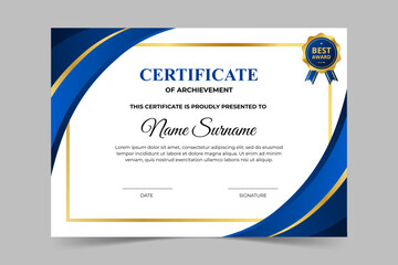 Modern elegant blue and gold certificate template. Appreciation for business and education. Vector illustration