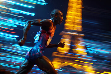 Dynamic image of an Olympic runner speeding past the illuminated Eiffel Tower, showcasing intense...