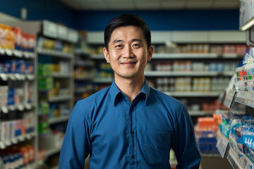 Friendly experienced supermarket store department worker professional at workplace Generative AI illustration