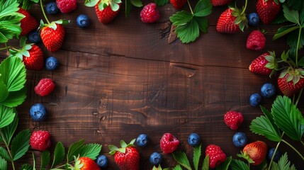 Fresh berries with leaves on dark wooden background, perfect for copy space banner.
