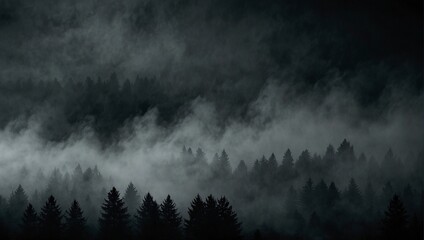 Thick dark fog that rises above the forest. - Powered by Adobe