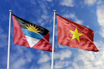 3d illustration. Antigua and Barbuda and Vietnam Flag waving in sky. High detailed waving flag. 3D...
