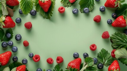 Fresh berries on a light green background with copy space, ideal for food themes.