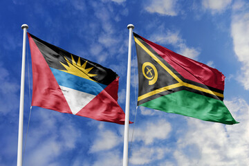 3d illustration. Antigua and Barbuda and Vanuatu Flag waving in sky. High detailed waving flag. 3D...