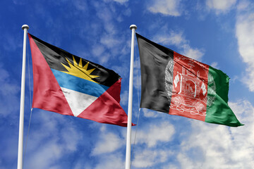 3d illustration. Antigua and Barbuda and Afghanistan Flag waving in sky. High detailed waving flag. 3D render. Waving in sky. Flags fluttered in the cloudy sky.
