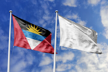 3d illustration. Antigua and Barbuda and White (NULL) Flag waving in sky. High detailed waving flag. 3D render. Waving in sky. Flags fluttered in the cloudy sky.