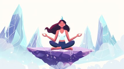 A woman meditates floating in the air holding a lotus posture. A contemporary female character chooses between truth and lies, mythology versus science. Cartoon flat modern illustration. - obrazy, fototapety, plakaty