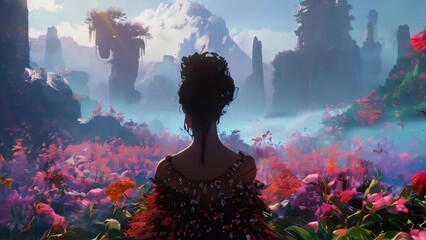 A woman gracefully explores a fantastical landscape, her silhouette blending with vibrant surroundings, evoking a sense of adventure and wonder.
