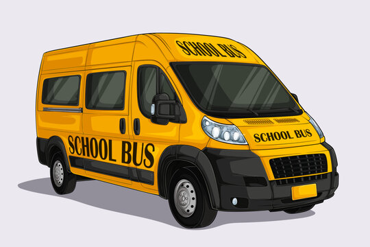 Hand drawn modern yellow school bus, elementary kids transport van, transport truck for students