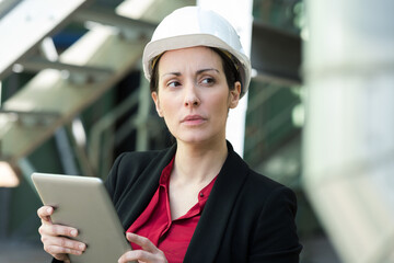 employee woman in suit standing in helmet with tablet