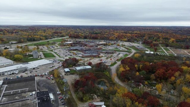 Aerial drone footage of Green Bay, Wisconsin Botanical Gardens and Northeast WI Technical College on an autumn day