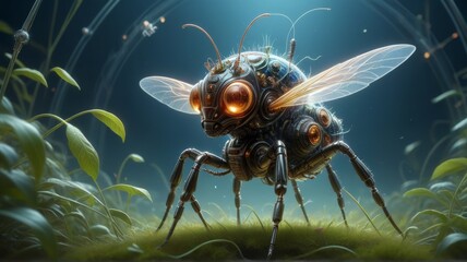 Fototapeta premium A close-up of a small fly with black wings resting on a green leaf