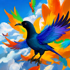 Flying bird wings forming heart shape colorful bird on a flower isolated on black background. 3d render Harmonious data flow concept with Digital humming bird illustration
