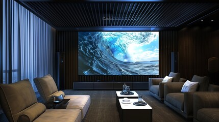 A TV lounge with a state-of-the-art screen and a custom acoustic panel backdrop