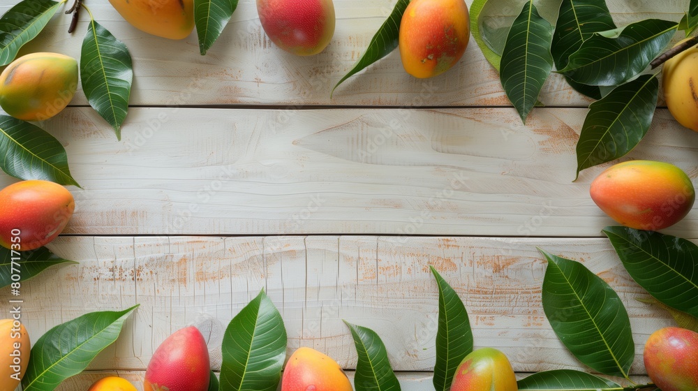 Poster Fresh ripe mangoes with vibrant leaves arranged on a rustic white wooden background.