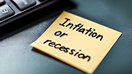 Obraz premium Handwritten economic dilemma - ‘Inflation or Recession’ query on a bright sticky note with marker contrast