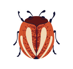 Striped bug. Summer insect, pest, fictional fauna species. Colorado potato beetle icon with spots and legs, top view. Flat graphic vector illustration isolated on white background