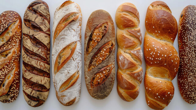 Loaf of bread isolated on white background. The concept of baking at home. Different types of bread.