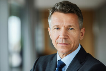 Fototapeta premium Portrait of successful senior businessman wearing business suit looking at camera in office workspace