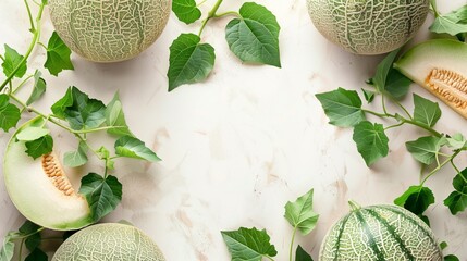 Fresh whole and sliced green melons with leaves on a textured light background.