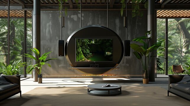A TV lounge with a suspended circular TV pod with surround sound speakers