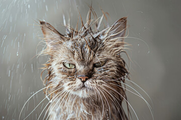 Drenched cat with displeased expression while being bathed. Unhappy wet pet after bathing