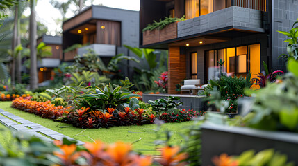 A residential housing model, with lush landscaping as the background, during a real estate expo